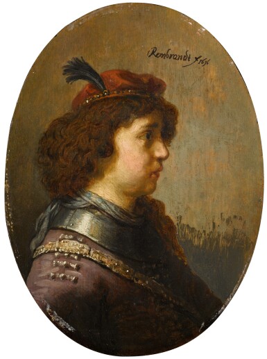 View full screen - View 1 of Lot 356. Portrait of a young man in armour and a red feathered cap.