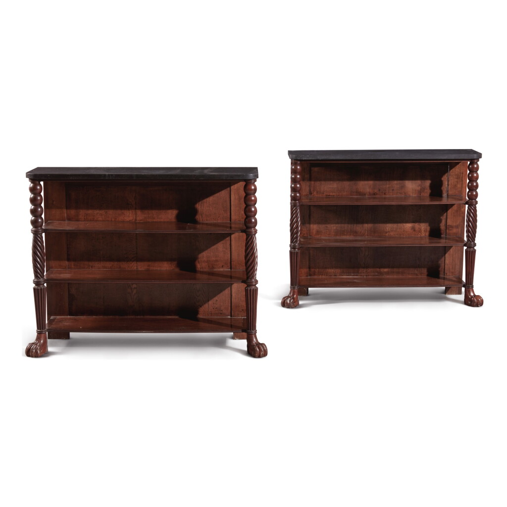 View full screen - View 1 of Lot 600. A PAIR OF MAHOGANY ETAGERES WITH BLACK FOSSIL MARBLE TOPS, 19TH CENTURY.