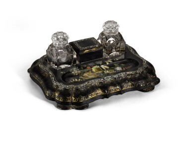 View full screen - View 1 of Lot 78. A VICTORIAN BLACK LACQUERED PAPIER MÂCHÉ INKSTAND, CIRCA 1860.
