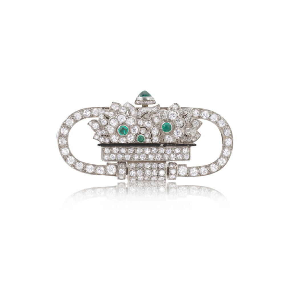 View full screen - View 1 of Lot 1047. Emerald, diamond and enamel lapel watch, 1920s.