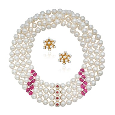 View full screen - View 1 of Lot 249. Cultured Pearl, Ruby and Diamond Necklace and Pair of Cultured Pearl Earclips.