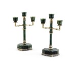 A pair of American silver-gilt and jade three-light candelabra, Lebkuecher, Newark, retailed by Yamanaka, New York, circa 1920 | Paire de chandeliers à trois lumières en jade monté en vermeil par Lebkuecher, Newark, pour Yamanaka, New York, vers 1920