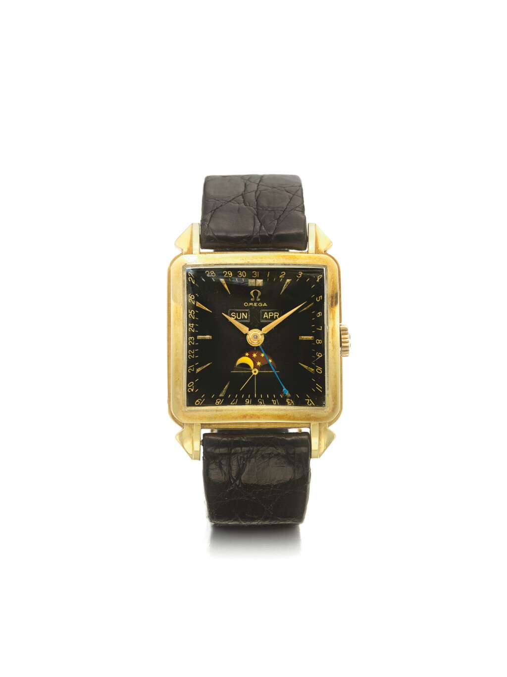 全萤幕检视 - 查看159OMEGA | REF OT 3944 COSMIC, A YELLOW GOLD SQUARE TRIPLE CALENDAR WRISTWATCH WITH MOON PHASES AND BLACK DIAL MADE IN 1953的1