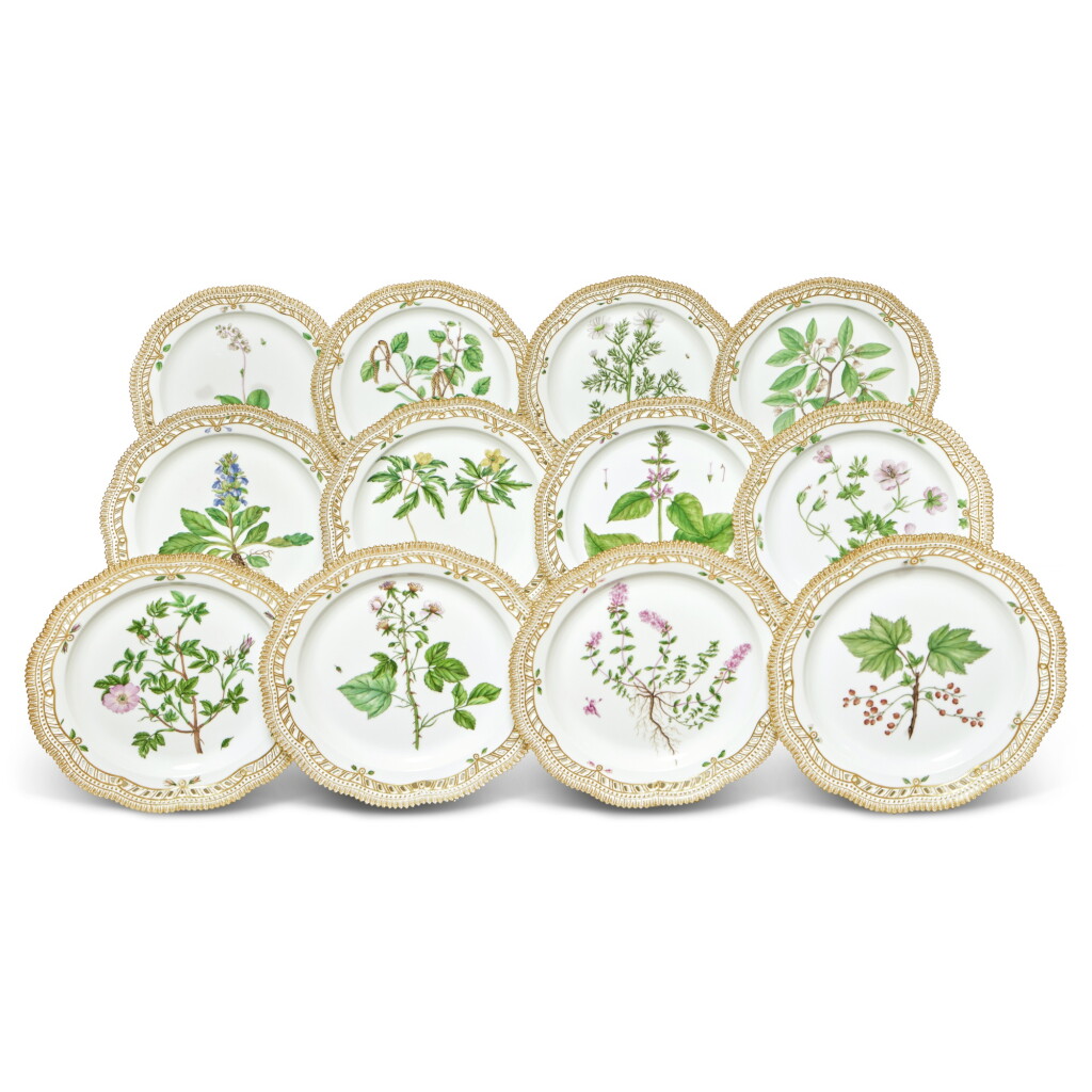 View full screen - View 1 of Lot 1165. Twelve Royal Copenhagen 'Flora Danica' Reticulated Dinner Plates, Modern.