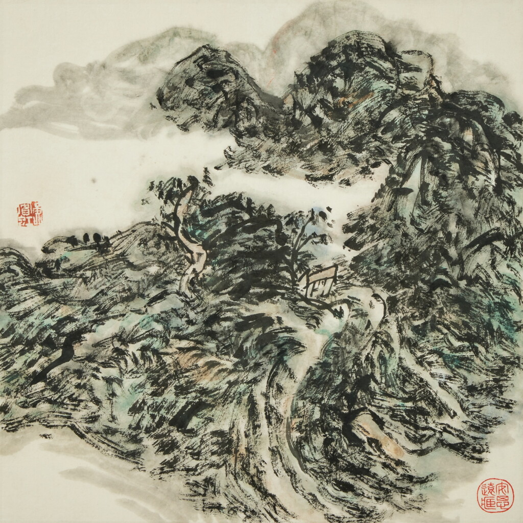 View full screen - View 1 of Lot 451. Landscape, in the style of Huang Binhong | 黃賓虹(款)《山水》設色紙本 鏡框.