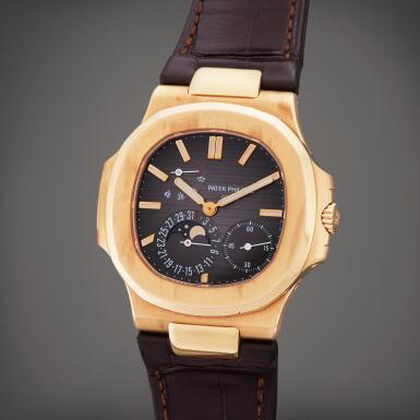 View full screen - View 1 of Lot 38. Reference 5712R-001 Nautilus | A pink gold automatic wristwatch with date, power reserve indication and moon phases, Circa 2008.