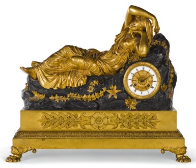 View full screen - View 1 of Lot 138. A LARGE GILT AND PATINATED BRONZE SCULPTURAL MANTEL CLOCK DEPICTING CLEOPATRA, FRENCH, CIRCA 1820.