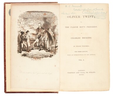 View full screen - View 1 of Lot 50. Dickens, Oliver Twist, 1841, third edition, presentation copy inscribed to Macready.