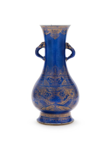 View full screen - View 1 of Lot 152. A powder-blue ground gilt-decorated handled vase Qing dynasty, 18th-19th century | 清十八至十九世紀 灑南地描金仿古紋雙耳瓶.