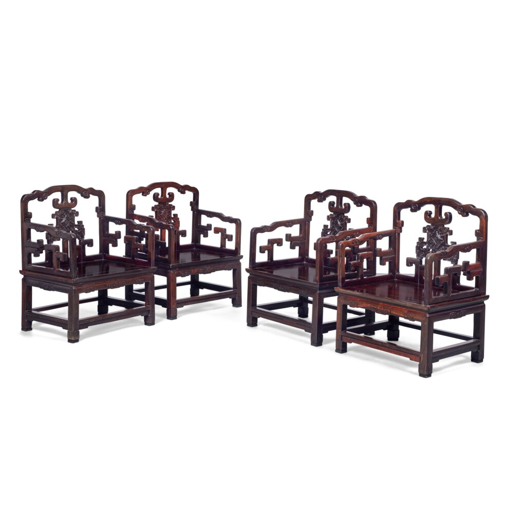 View full screen - View 1 of Lot 73. A set of four important ‘zitan’ low armchairs, Qing dynasty, 18th / 19th century.