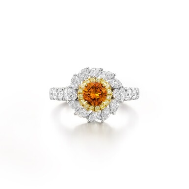 View full screen - View 1 of Lot 2709. Fancy Deep Yellowish Orange Diamond and Diamond Ring | 0.77克拉 深彩黃橙色鑽石 配 鑽石 戒指.