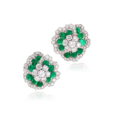 View full screen - View 1 of Lot 887. Pair of emerald and diamond ear clips, 1950s.