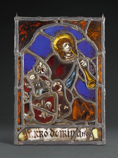 View full screen - View 1 of Lot 98. SOUTHERN GERMAN, CIRCA 1560 | ARMORIAL PANEL WITH A TRUMPETER.