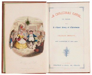 View full screen - View 1 of Lot 95. Dickens, A Christmas Carol, 1843, first edition, red and blue title-page, green endpapers, Stave I.