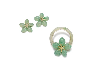 View full screen - View 1 of Lot 1619. Jadeite and Diamond Demi-Parure | 天然翡翠 配 鑽石 胸針及耳環套裝.