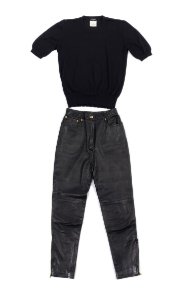 View full screen - View 1 of Lot 169. PAIR OF BLACK LEATHER PANTS AND BLACK CACHEMIRE-BLEND SWEATER, CHANEL.