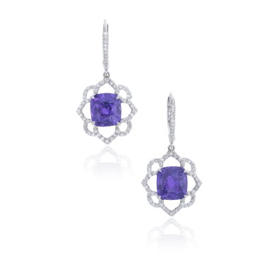 View full screen - View 1 of Lot 934. Pair of purple sapphire and diamond pendent earrings.