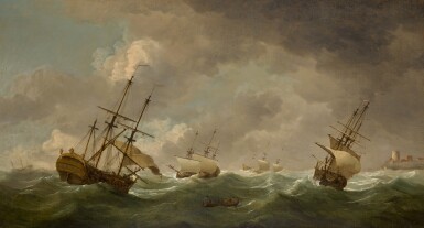 View full screen - View 1 of Lot 75. CHARLES BROOKING | Frigates shortening sails offshore.