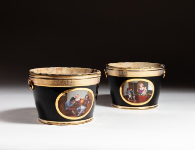 View full screen - View 1 of Lot 366. A pair of Paris (Duc d'angoulême) porcelain black-ground flower jardinières, circa 1790-1800.