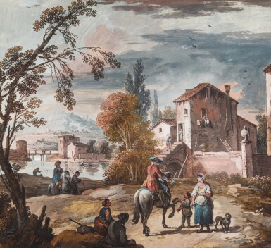 View full screen - View 1 of Lot 216. A) A river landscape with peasants and gentleman on horseback B) A river landscape with peasants and animals.