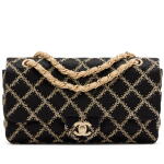 Black Quilted Satin and Natural Hemp Single Flap Brushed Gold Hardware, 2009-2010