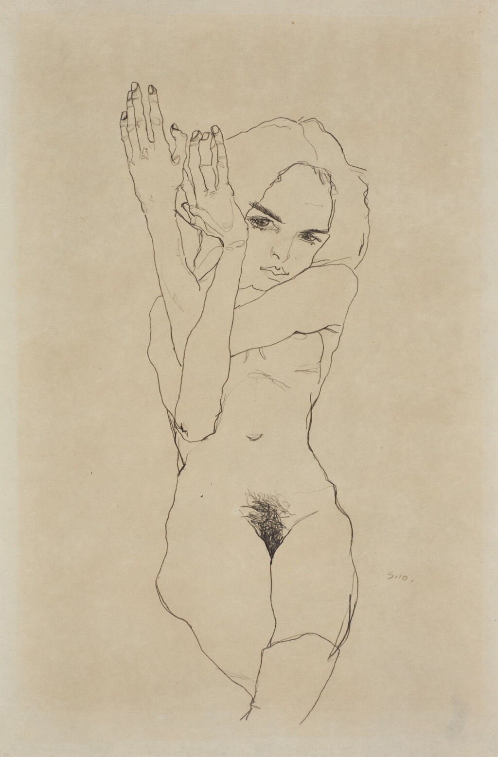 View full screen - View 1 of Lot 53. Junges Mädchen mit verschränkten, seitlich rechts zum Kopf erhobenen Armen (Nude Girl with Folded Arms Raised to the Right Side of Head).