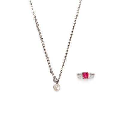 View full screen - View 1 of Lot 562. Cultured Pearl and Diamond Necklace || Ruby and Diamond Ring | 卡地亞 | 養殖珍珠 配 鑽石 項鏈 || 1.39 克拉 天然「緬甸」未經加熱紅寶石 配 鑽石 戒指.