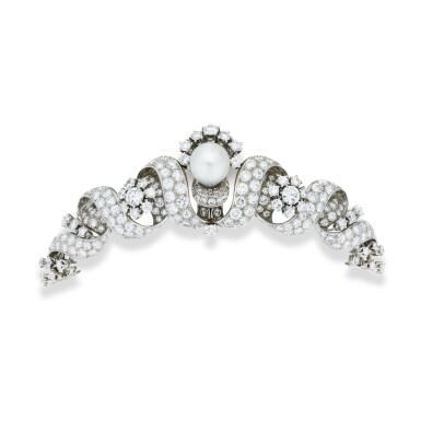 View full screen - View 1 of Lot 1088. A cultured pearl and diamond diadem, Martignetti, 1957.