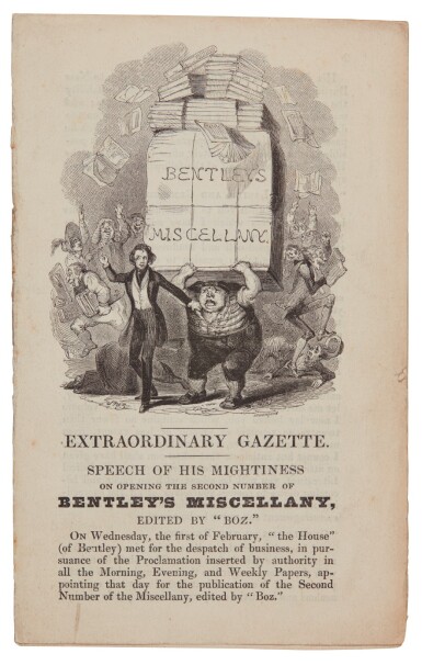 View full screen - View 1 of Lot 37. Dickens, The Extraordinary Gazette, 1837, Bentley's Miscellany, separately issued smaller size format.