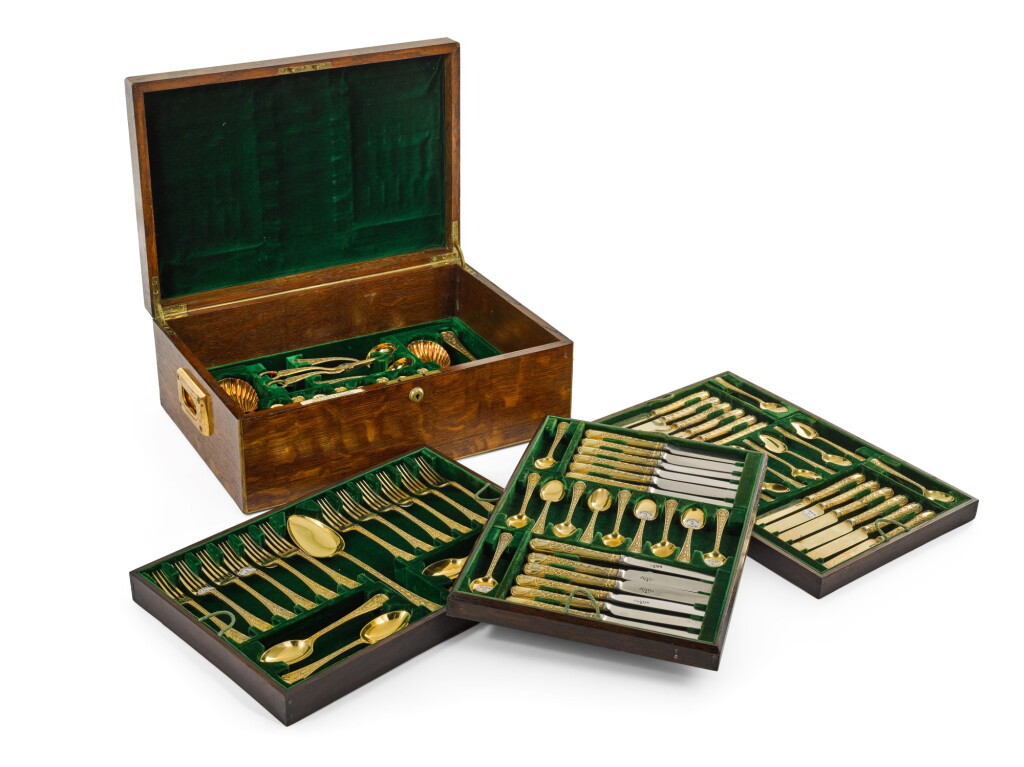 View full screen - View 1 of Lot 152. A Victorian silver-gilt Husk pattern dessert service, placings for twelve, James Garrard, and Sebastian Garrard, London, 1901.