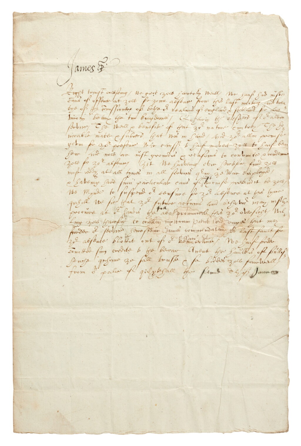 View full screen - View 1 of Lot 242. James VI and I | Document signed, to the Earl Marischal, on the union of the kingdoms, 2 January 1605.