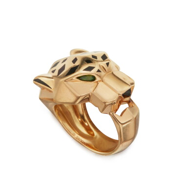 View full screen - View 1 of Lot 20. Gold, Enamel and Emerald 'Panthére' Ring, France.