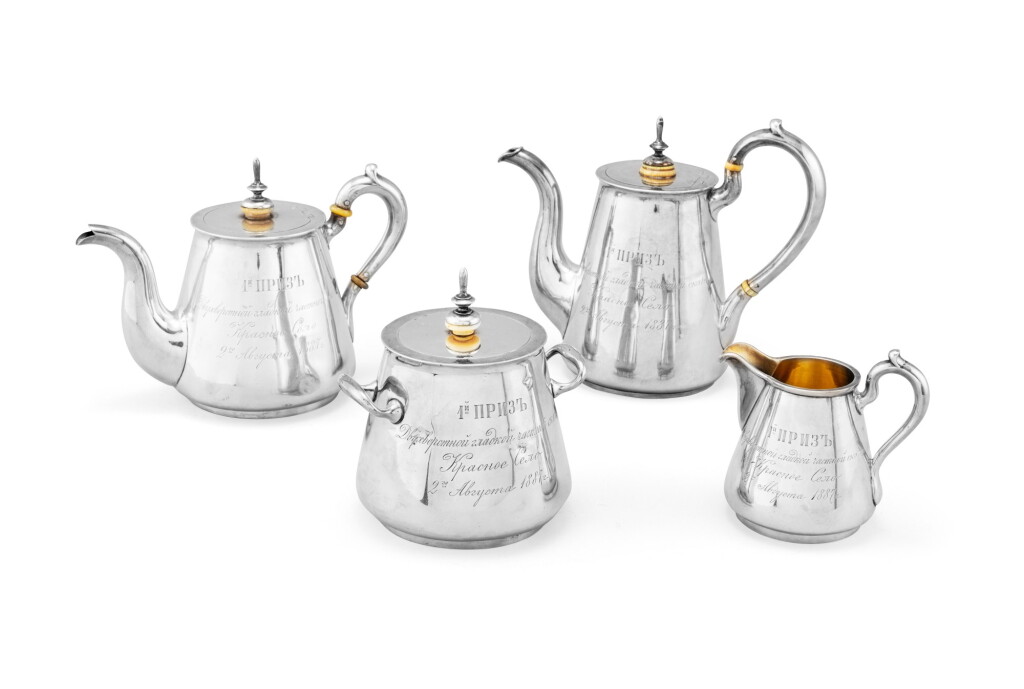 View full screen - View 1 of Lot 274. A Russian silver tea and coffee service, Johann Heinoin and Henrik Hacklin, St Petersburg, 1872 | Service à thé et café en argent par Johann Heinoin et Henrik Hacklin, St Petersbourg, 1872.