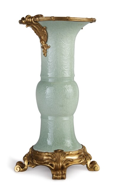 View full screen - View 1 of Lot 306. A LARGE GILT BRONZE-MOUNTED KANGXI-STYLE CELADON PORCELAIN VASE, THE PORCELAIN QING DYNASTY, 19TH CENTURY, THE MOUNTS 19TH CENTURY.
