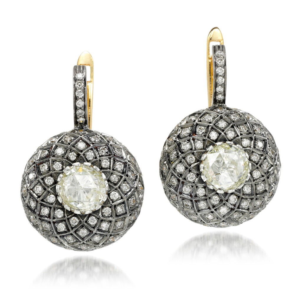 View full screen - View 1 of Lot 26. Pair of diamond earrings, 'Indo Russian'.