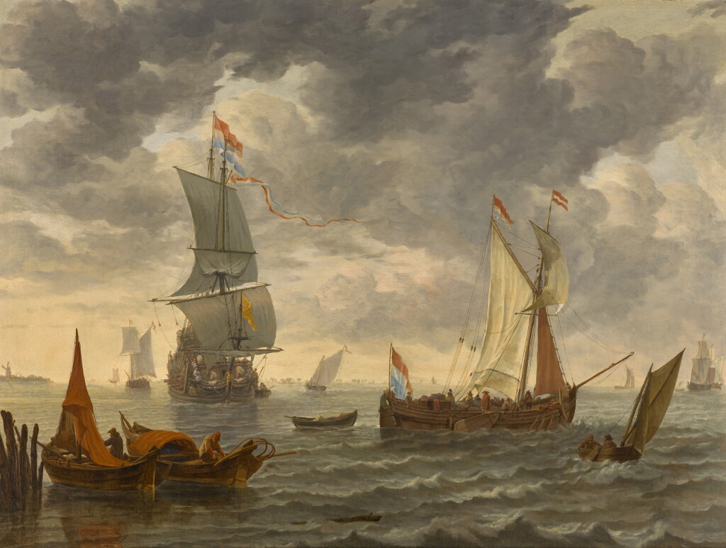 View full screen - View 1 of Lot 121. A Dutch man-of-war, a wijdschip and other vessels near a jetty.