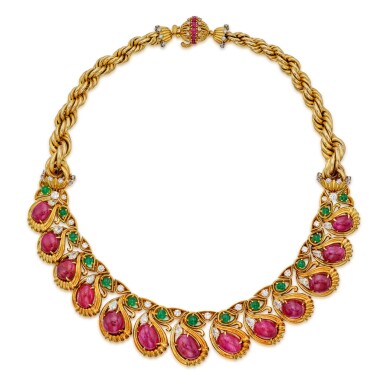 View full screen - View 1 of Lot 98. Ruby, Emerald and Diamond Necklace.