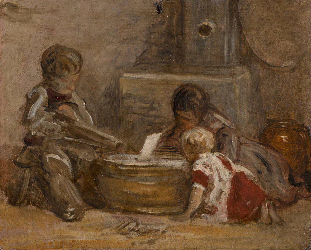 View full screen - View 1 of Lot 190. A study of the artist's children playing with a toy boat.