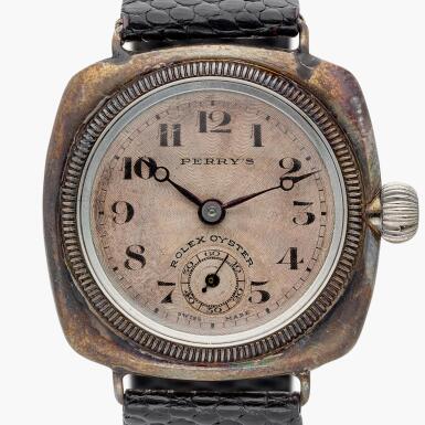 View full screen - View 1 of Lot 182. Oyster | Retailed by Perry's: A rare early silver wristwatch with guilloché dial, Glasgow import hallmarks for 1927/1928.