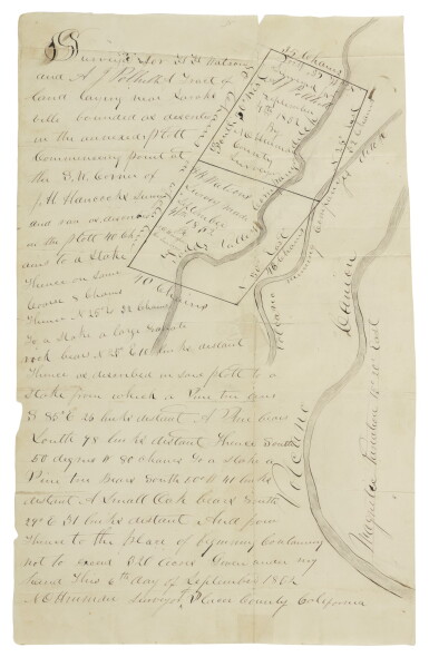 View full screen - View 1 of Lot 47. (GOLD RUSH) | Manuscript Gold Rush map, being a survey for the adjoining plots of land belonging to H.H.Watson and A.J. Polhill, Placer County, California, 1852.