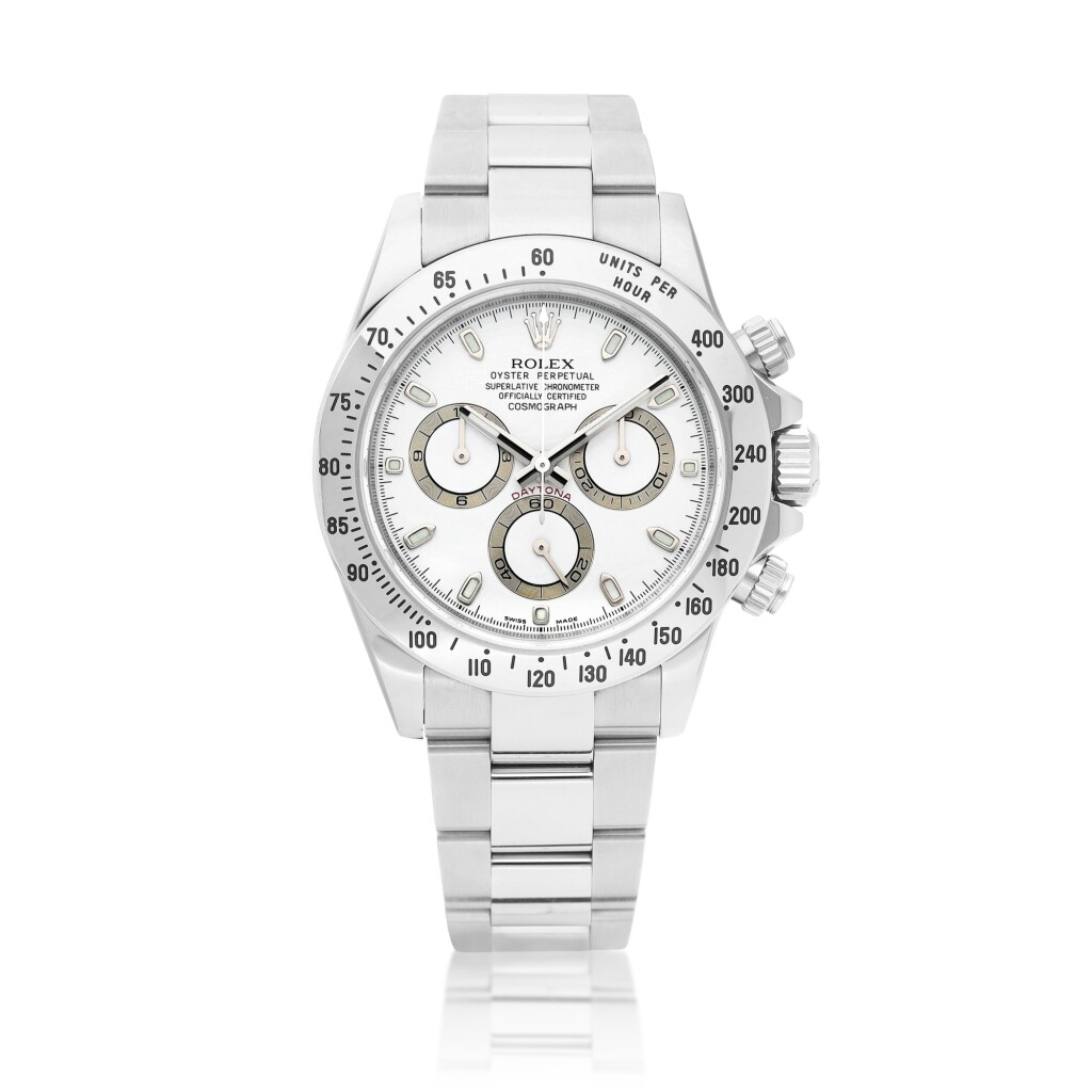 View full screen - View 1 of Lot 2118. Cosmograph Daytona, Reference 116520 | A stainless steel chronograph wristwatch with "APH' dial and bracelet, Circa 2008 | 勞力士 | Cosmograph Daytona 型號116520 | 精鋼計時鏈帶腕錶,備"APH'錶盤,約2008年製.