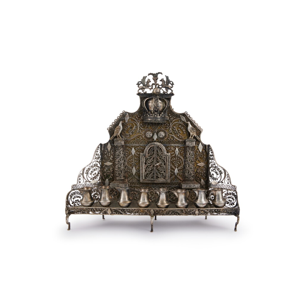 View full screen - View 1 of Lot 80. A Polish Silver Filigree Baal Shem Tov Hannukah Lamp, Circa 1870.