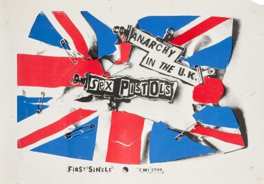 View full screen - View 1 of Lot 14. Jamie Reid | Anarchy in the UK, promotional poster, owned by Sid Vicious.