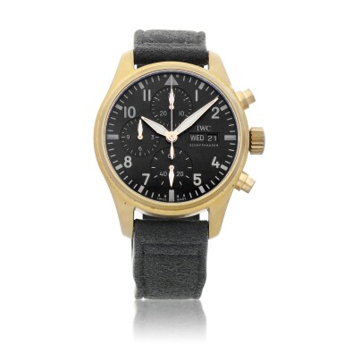 View full screen - View 1 of Lot 8065. Pilot, Reference IW387907 | A limited edition bronze chronograph wristwatch with day and date, retailed by MR porter, Circa 2021 | 萬國 | 飛行員系列 型號IW387907 | 限量版青銅計時腕錶,備日期及星期顯示,由MR porter發行,約2021年製.