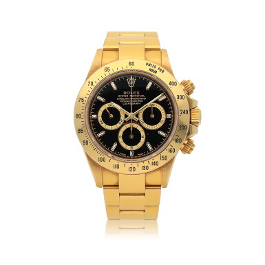 View full screen - View 1 of Lot 254. ROLEX | 'ZENITH' DAYTONA, REF 16528 YELLOW GOLD CHRONOGRAPH WRISTWATCH WITH BRACELET CIRCA 1994.