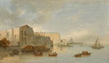 View full screen - View 1 of Lot 83. A view of the Thames with the Adelphi, Blackfriars Bridge and St Paul’s Cathedral in the background.