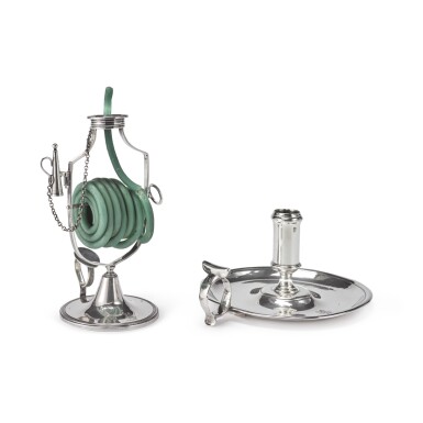 View full screen - View 1 of Lot 375. A GEORGE II SILVER CHAMBERSTICK AND GEORGE III SILVER WAXJACK, THOMAS FARREN AND ROBERT HENNELL, LONDON, 1732 AND 1792.