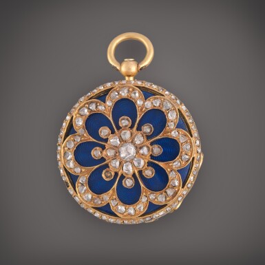 View full screen - View 1 of Lot 499. A miniature yellow gold, enamel, and diamond-set open faced watch with enamel dial, Circa 1850.