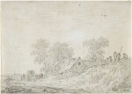 Cottages with a horse and cart and figures on a hillside