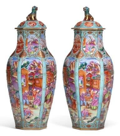 View full screen - View 1 of Lot 27. A PAIR OF SAMSON HEXAGONAL VASES AND COVERS.
